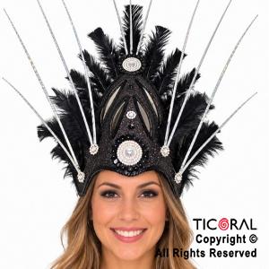 VINCHA TOCADO CIELO PLUMAS NEGRO DECO PLATA