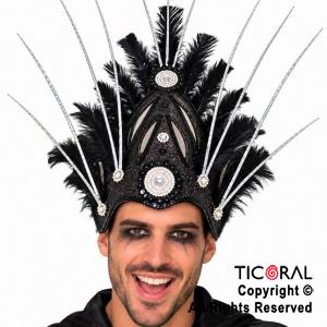 VINCHA TOCADO CIELO PLUMAS NEGRO DECO PLATA