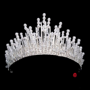 TIARA CORONA METAL PLATA CON STRASS Y PERLAS X 1