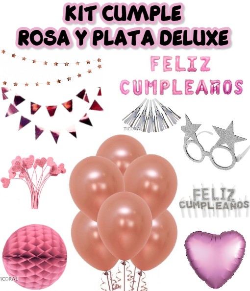 KIT CUMPLE ROSA Y PLATA DELUXE