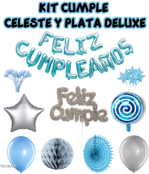 KIT CUMPLE CELESTE Y PLATA DELUXE