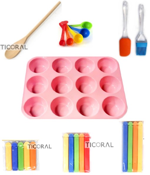 SET COCINA MUFFINS 8 PIEZAS SILICONA, CIERRA FACIL, CUCHARA MEDIDORA, CUCHARA MADERA, ESPATULA Y PIN