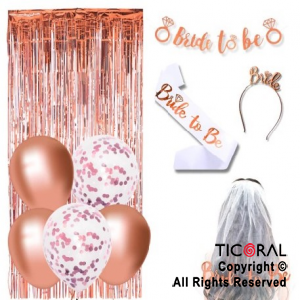 SET BRIDE TO BE VINCHA BANDA VELO GUIRNALDA CORTINA GLOBOS ROSA GOLD  X 1