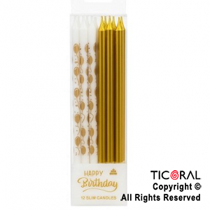 VELA 12 CM ORO Y BLANCO ESTAMPADO CON PORTAVELA x 12 UNIDADES