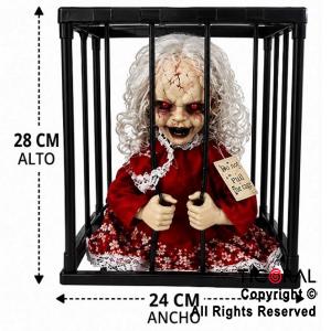 ADORNO COLGANTE MU�ECA EN JAULA CON MOVIMIENTO LUZ Y SONIDO (U2512-367) HALLOWEEN