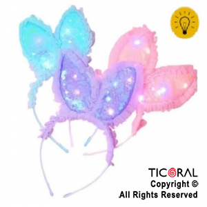 VINCHA OREJAS DE CONEJO LUMINOSA TUL Y LENTEJUELAS COLORES SURTIDOS X 12